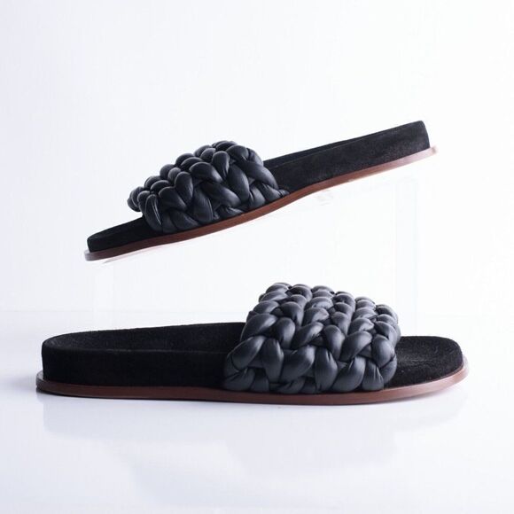Chloe Womens Black Kacey Flats Braided Slide Sandals Shoe Leather US 8 EU 38 - Picture 1 of 9